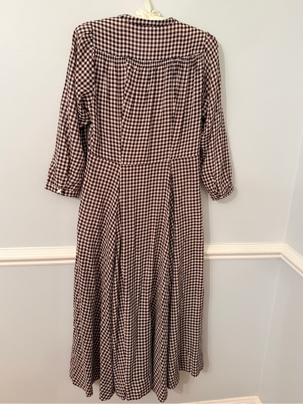 DÔEN Gingham Button Front Midi Dress Brown Cream Size L - Picture 8 of 9